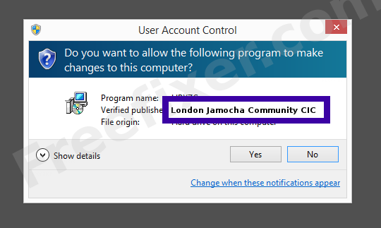Screenshot where London Jamocha Community CIC appears as the verified publisher in the UAC dialog